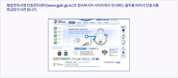 행정전자서명 인증관리센터(www.gpki.go.kr)로 접속하시어 사이트에서 안내하는 절차를 따라서 인증서를 발급받으시면 됩니다.