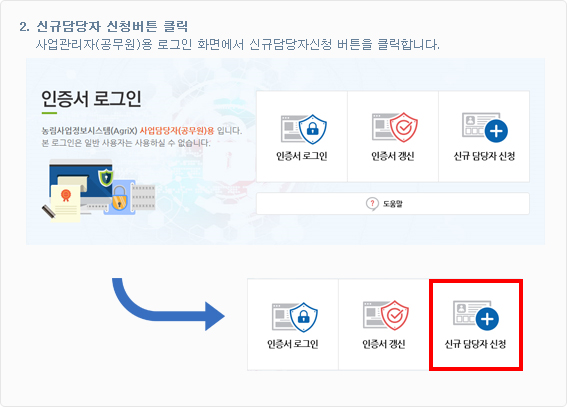 2.신규담당자 신청버튼 클릭 : 사업관리자(공무워)용 로그인 화면에서 신규담당자 신청 버튼을 클릭합니다.