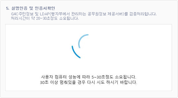 5.실명인증 및 인증서확인 : G4C주민정보 및 LDAP(행자부에서 관리하는 공무원정보 제공서버)를 검증처리합니다. 처리시간이 약 20~30초정도 소요됩니다.